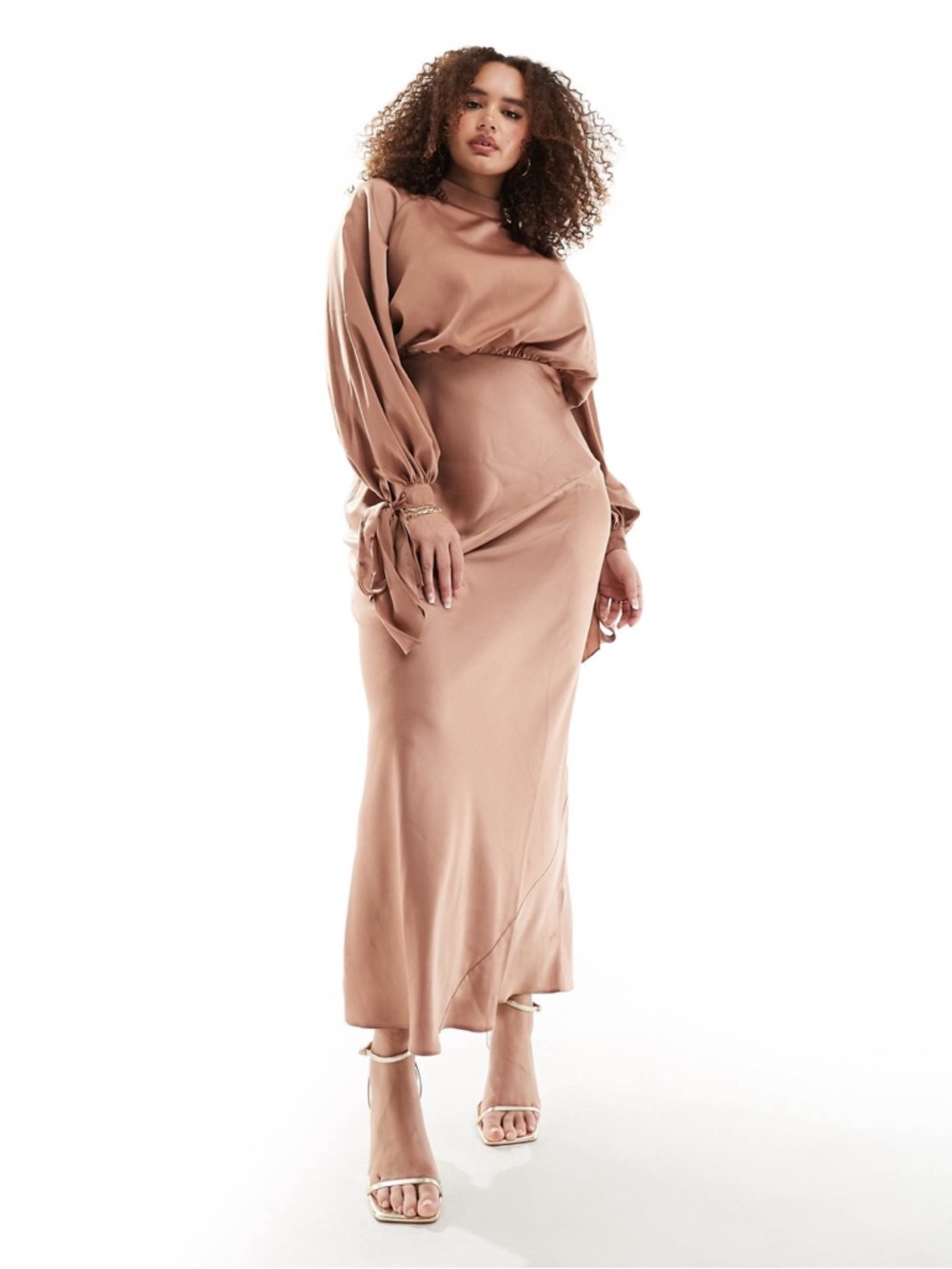 ASOS DESIGN Curve satin balloon sleeve high neck maxi dress in mocha